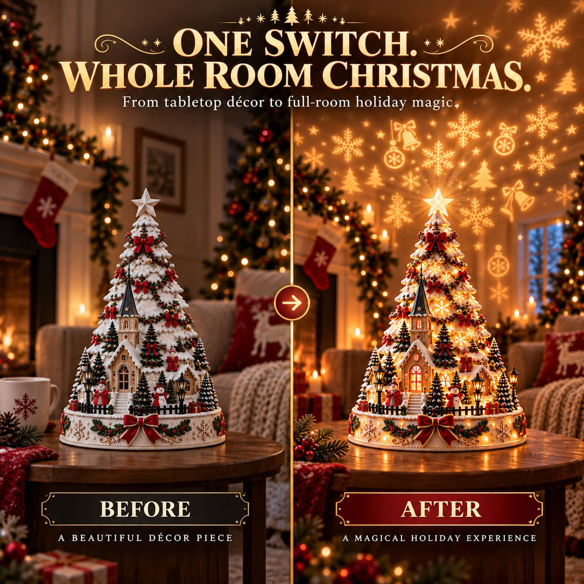 🏆 60,000+ Sold - 🎄Christmas Village Projection Centerpiece-Christmas Village Lightscape Tree