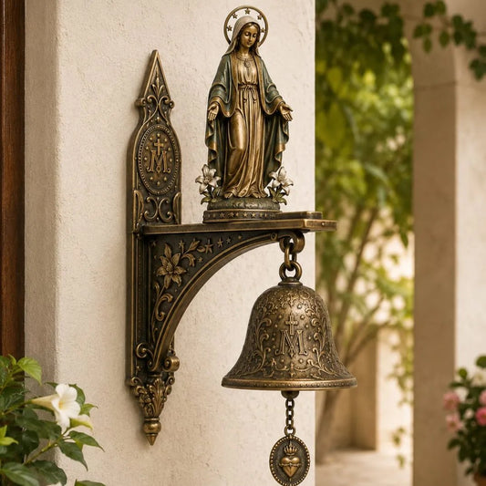✨Our Lady of Grace Bronze Miraculous Medal Wall Bell | 🙏Catholic Religious Home & Garden Decor"