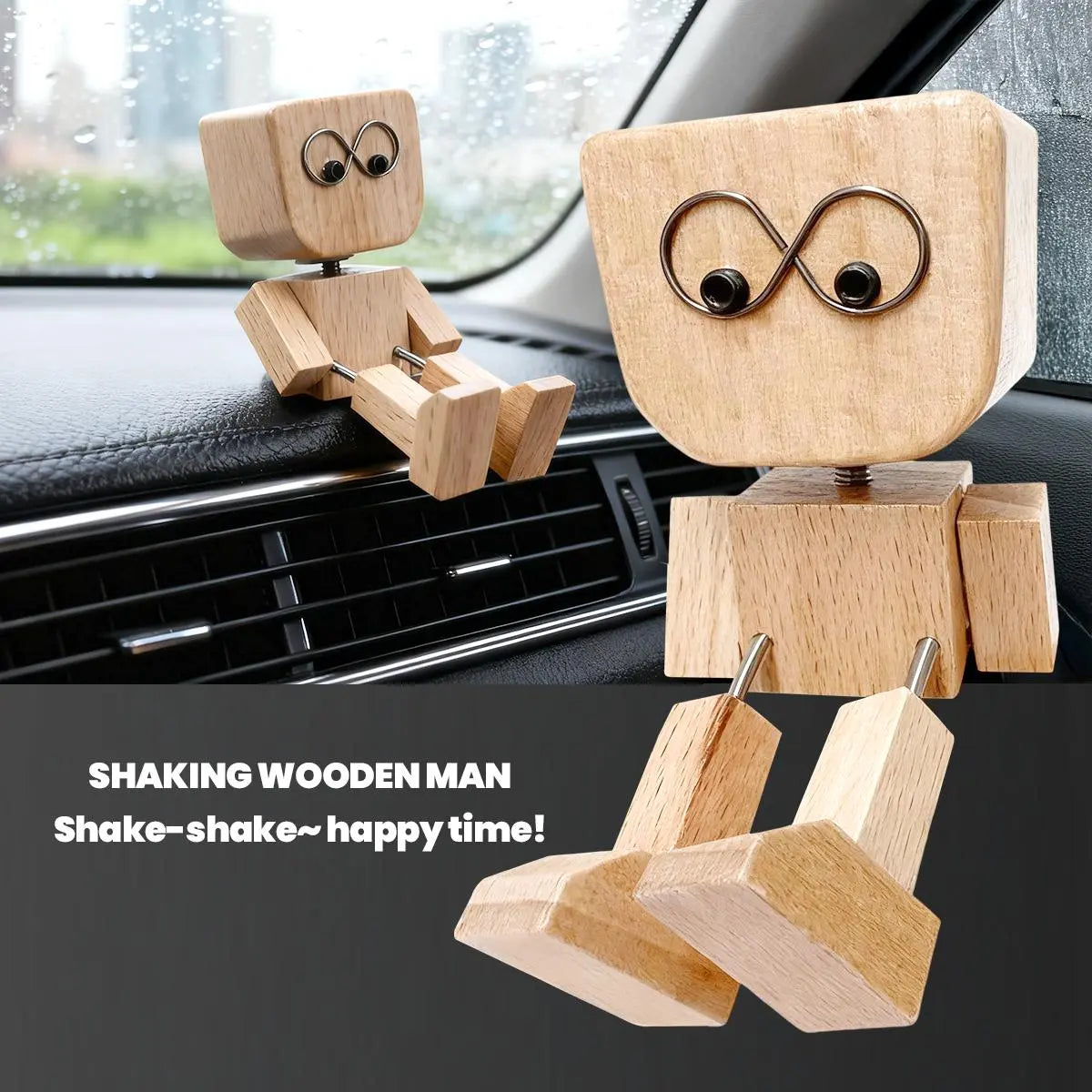Handmade Shaking Wooden Man Car Dashboard Ornament