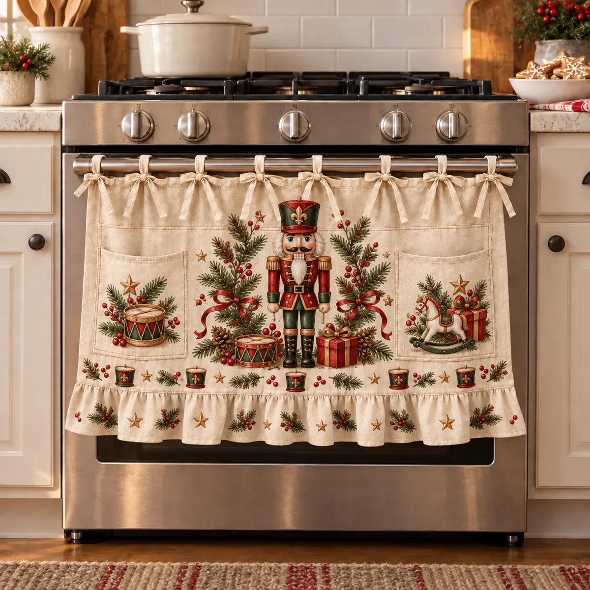 🎄 Christmas Kitchen Tie-On Skirt with Pockets & Ruffled Trim - Appliance Valance