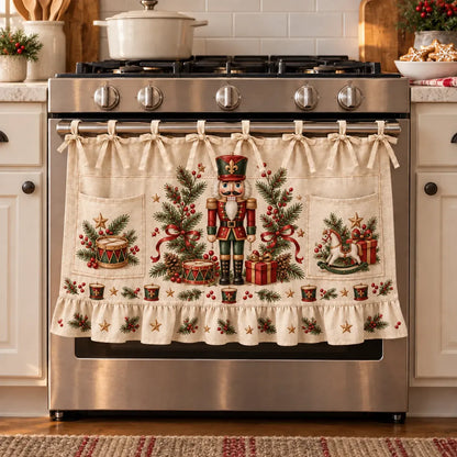 🎄 Christmas Kitchen Tie-On Skirt with Pockets & Ruffled Trim - Appliance Valance
