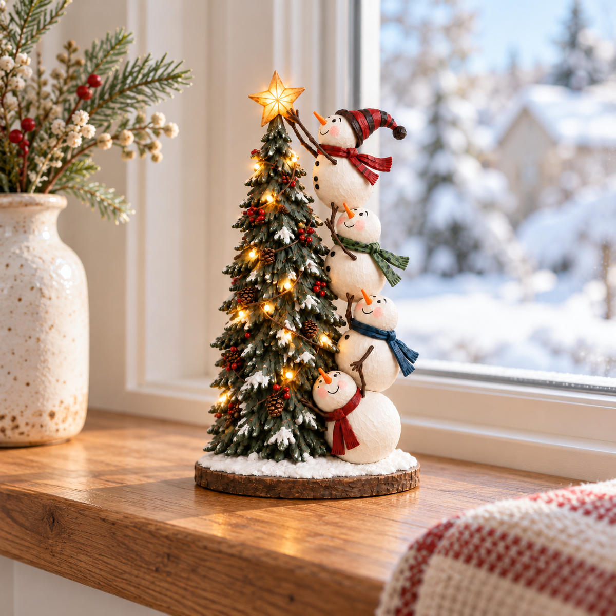⛄ Lighted Snowmen Christmas Tree Figurine – 4 Snowmen, Glowing Star & Remote Control