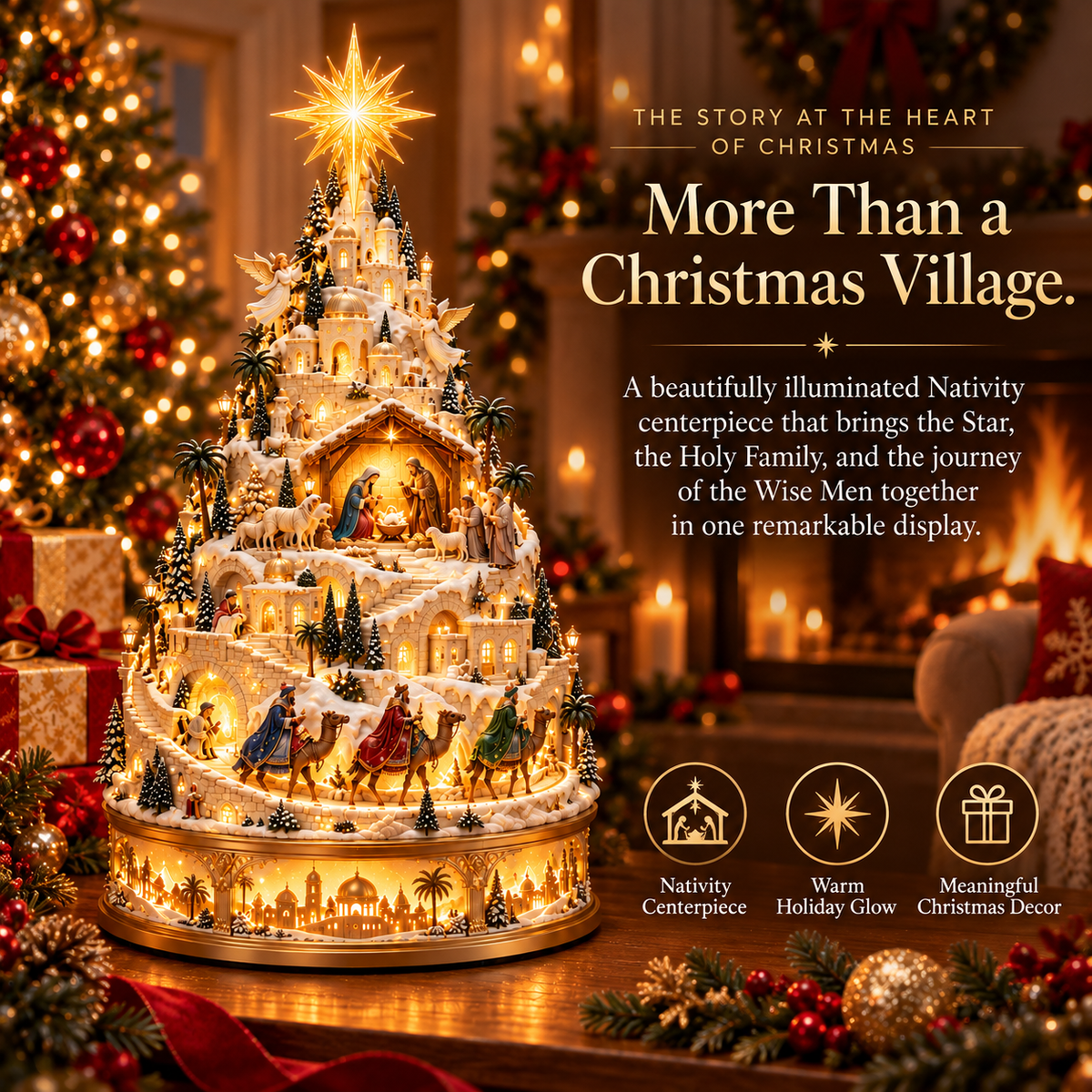 ✝️ Lighted Nativity Christmas Village – Bethlehem Scene with Warm LED Lights