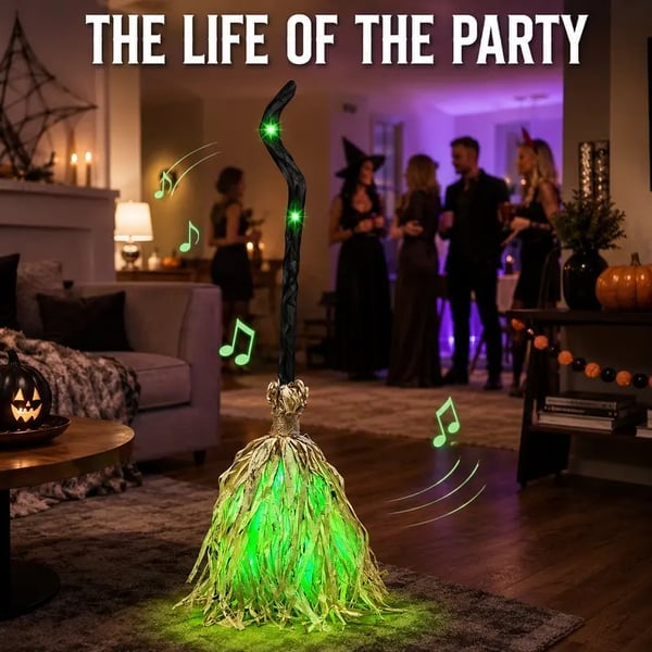 🧹Animated Witch Broom – Spooky Moving Halloween Decor with Sound & Lights! 👻✨