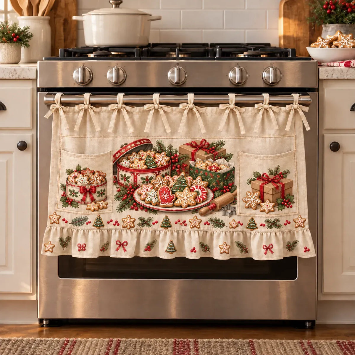 🎄 Christmas Kitchen Tie-On Skirt with Pockets & Ruffled Trim - Appliance Valance