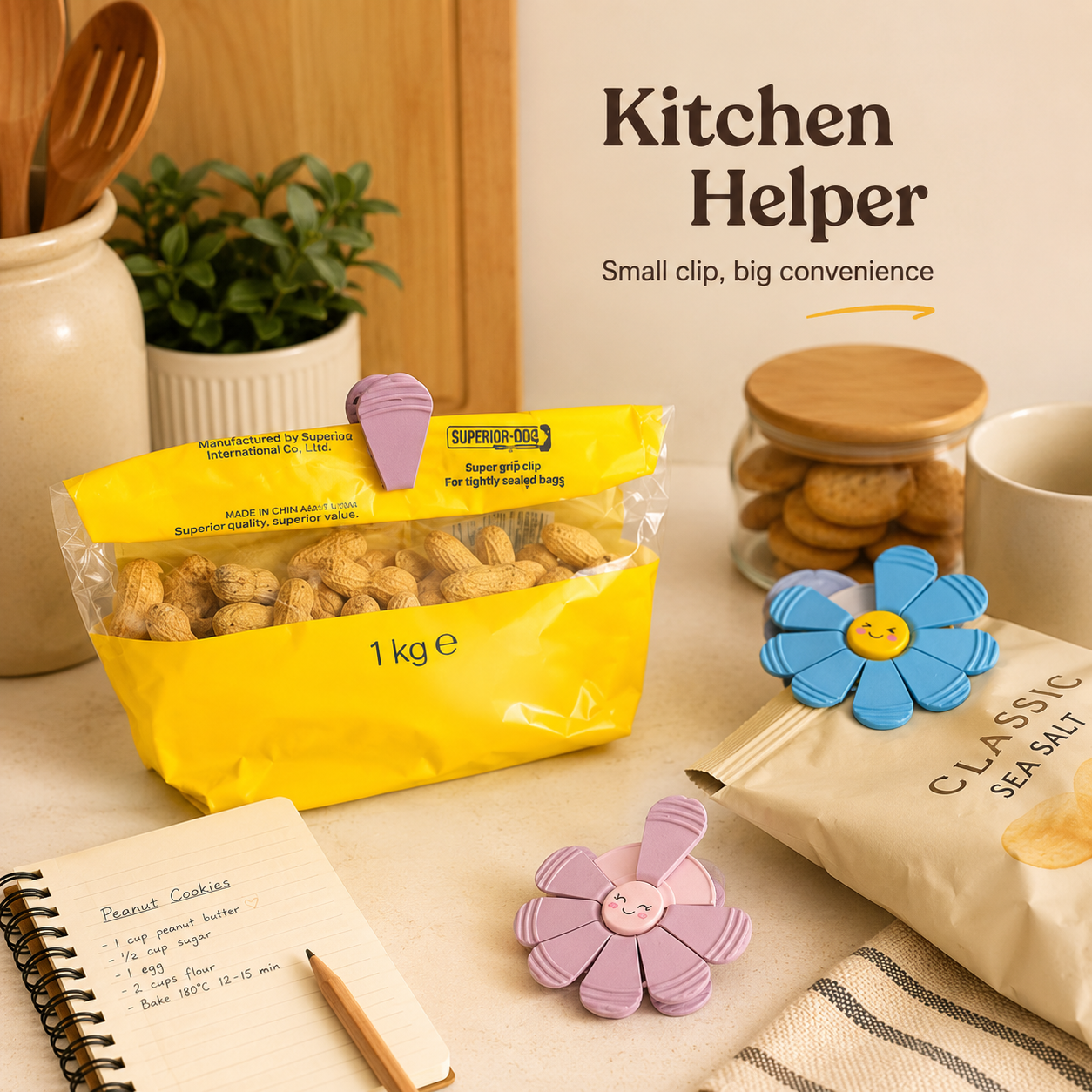 3D-printed flower clips, magnetic closures, kitchen hooks, pantry storage racks