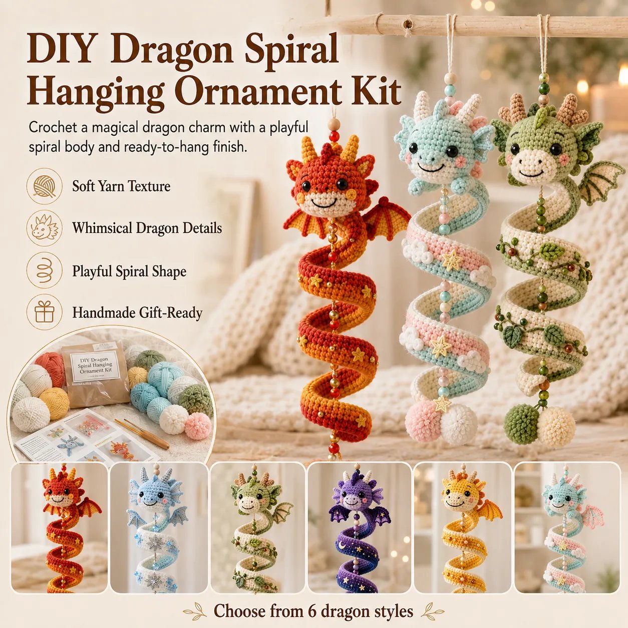 ⏳ Last Day 49% OFF – 🐉 DIY Dragon Spiral Hanging Ornament Crochet Kit ✨