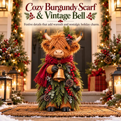 🎄 Christmas Highland Cow Figurine 🔔 Vintage Bell, Burgundy Scarf & Evergreen Accents