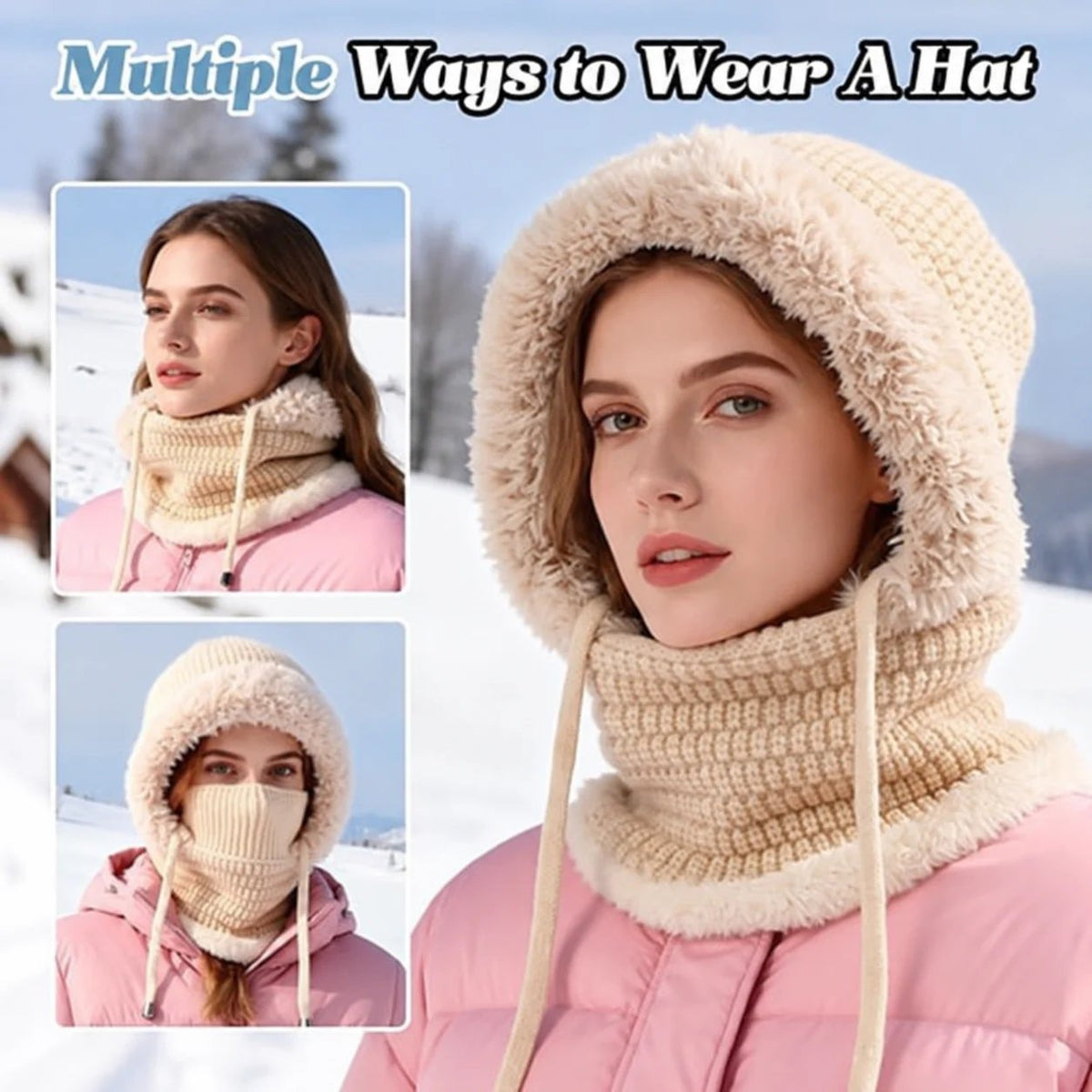 ❄️ 3-in-1 Winter Beanie – Plush Hat, Face Cover & Neck Warmer 🧣