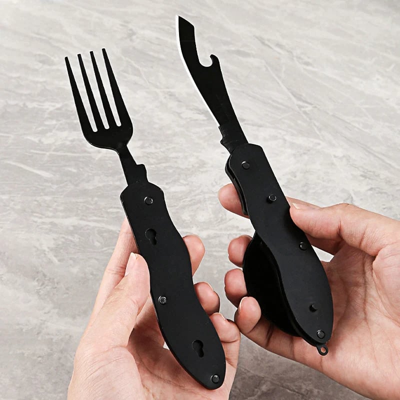 🏕️ 4-In-1 Folding Camping Utensil Set – Spoon, Fork, Knife & Bottle Opener