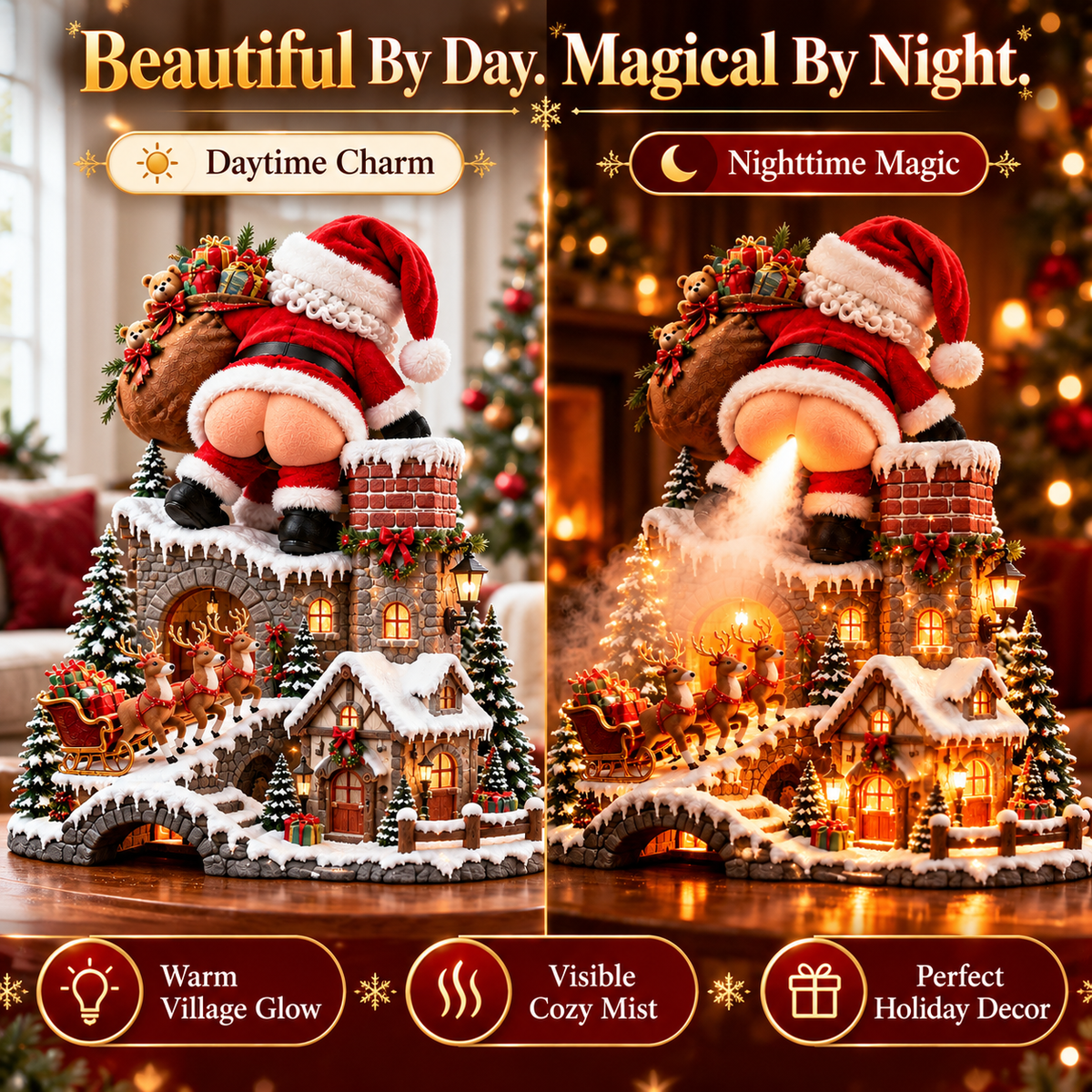 🎅 Santa’s Cheeky Christmas Village™ – Lighted Aroma Diffuser with Funny Santa Mist & Magical Holiday Glow