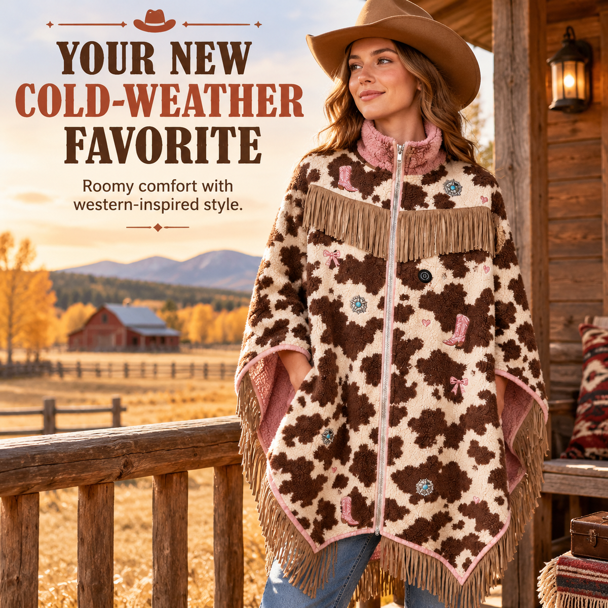 🔥 Heated Western Fringe Poncho – 3 Heat Levels, USB Powered Cowgirl Wrap