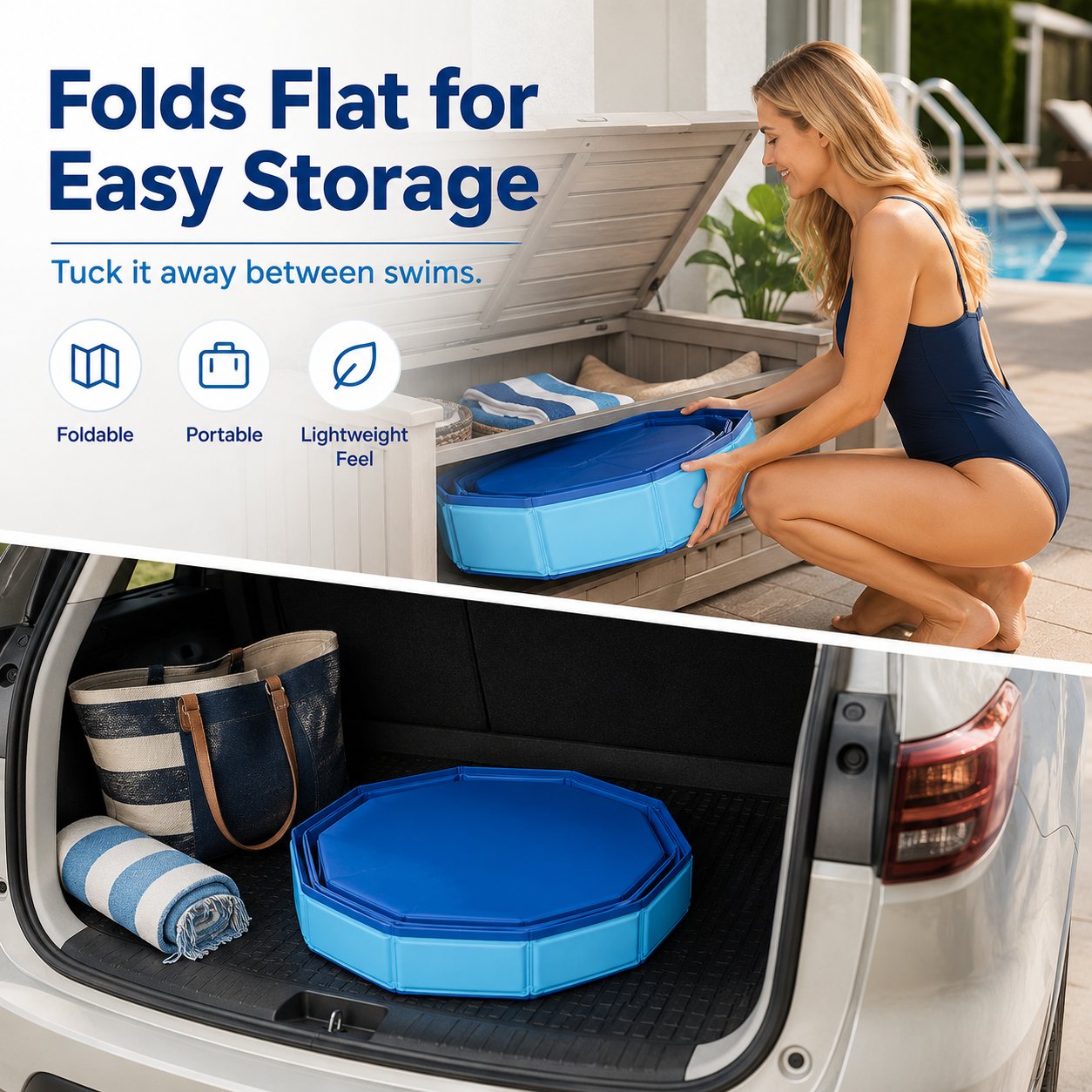 Pool Foot Bath—A non-inflatable, foldable, and stowable foot bath designed for use with pool entry ladders