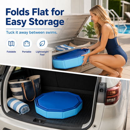Pool Foot Bath—A non-inflatable, foldable, and stowable foot bath designed for use with pool entry ladders