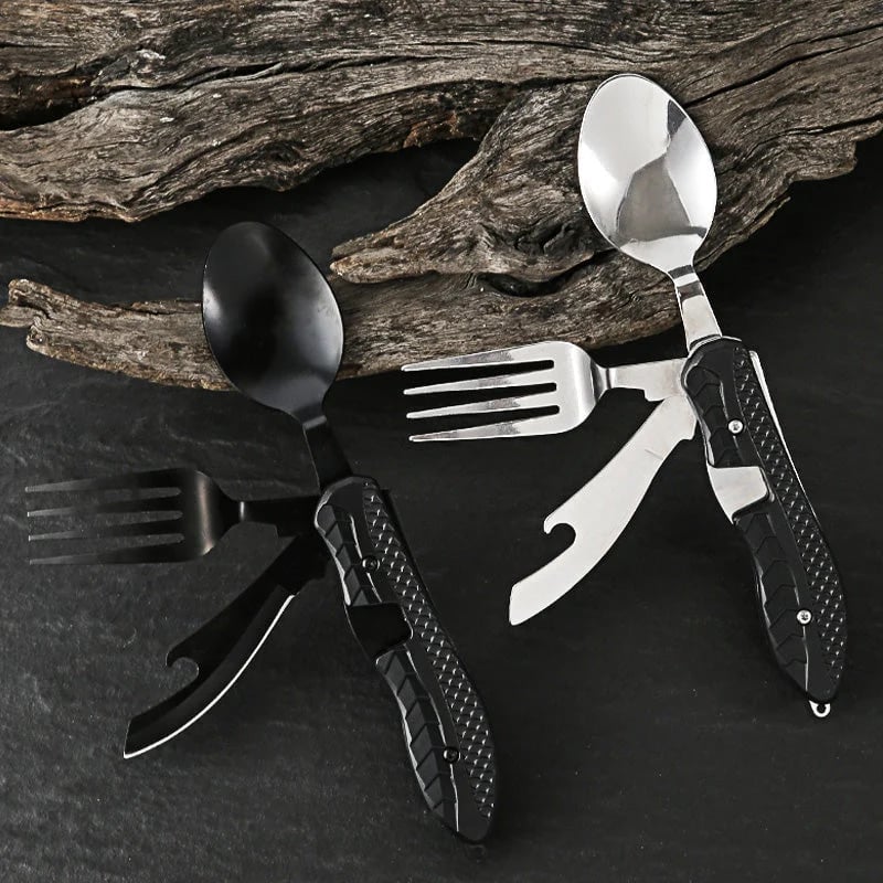 🏕️ 4-In-1 Folding Camping Utensil Set – Spoon, Fork, Knife & Bottle Opener