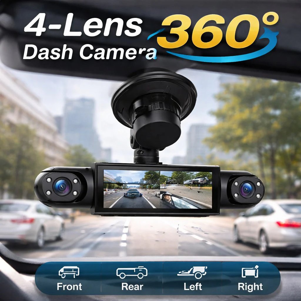 🚗 4-Channel 360° Dash Camera – Front, Rear, Side & Cabin Recording 🛡️