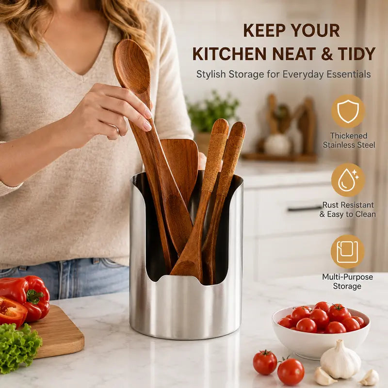 🍳 Stainless Steel Kitchen Utensil Holder – Countertop Organizer with Drainage Base ✨