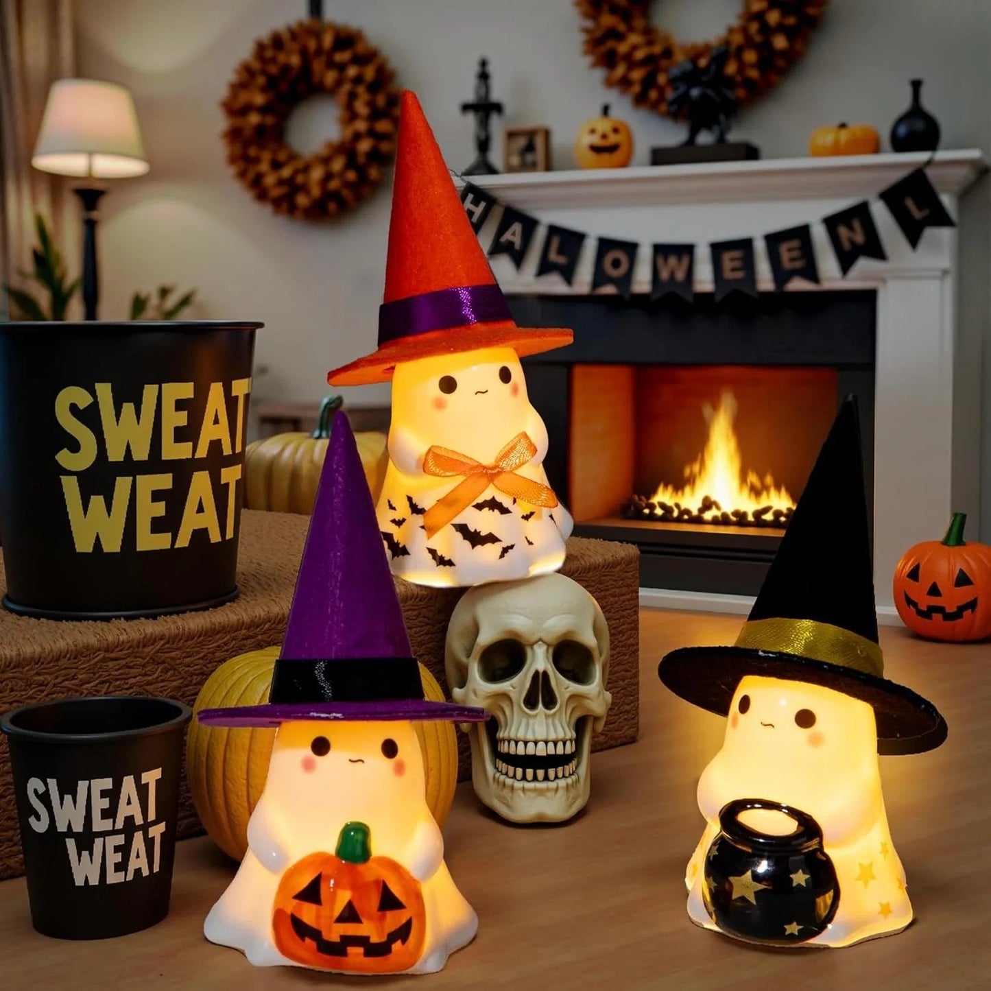 👻🌟3Pcs Light-up Ceramic Ghost Halloween Decor | Cute Ghost Figurines with Colorful Witch Hats