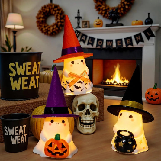 👻🌟3Pcs Light-up Ceramic Ghost Halloween Decor | Cute Ghost Figurines with Colorful Witch Hats