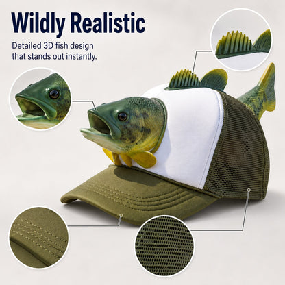 3D Fish Trucker Hat Realistic Bass Fishing Mesh Cap