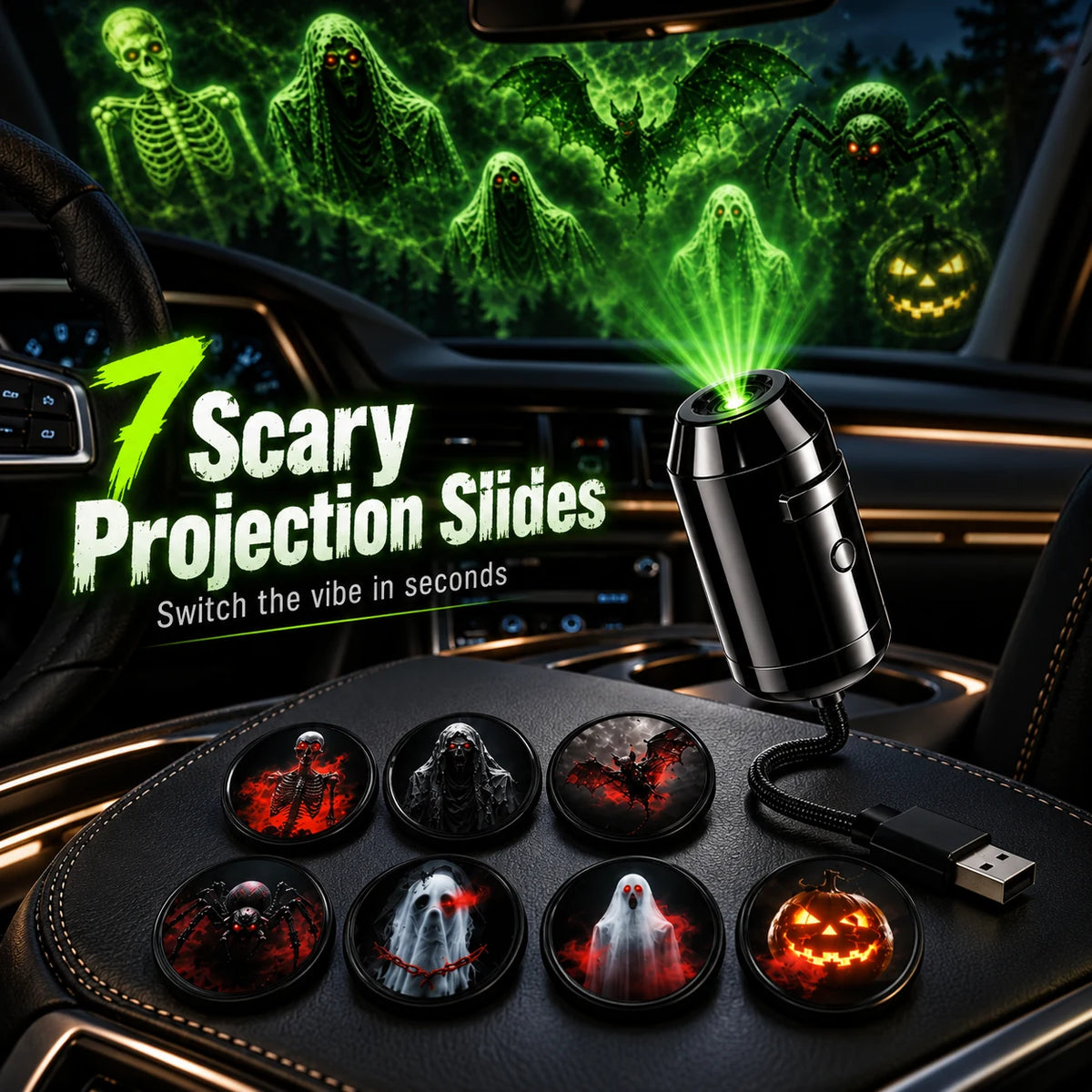 👻🚗Halloween USB Ghost Projector – 7 Spooky Slides & 360° Adjustable Light
