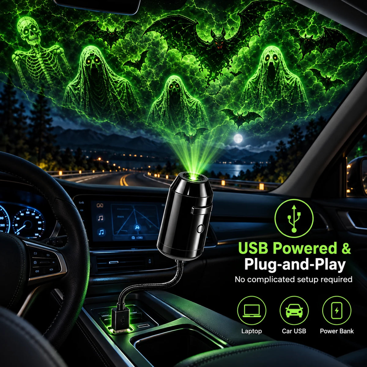 👻🚗Halloween USB Ghost Projector – 7 Spooky Slides & 360° Adjustable Light