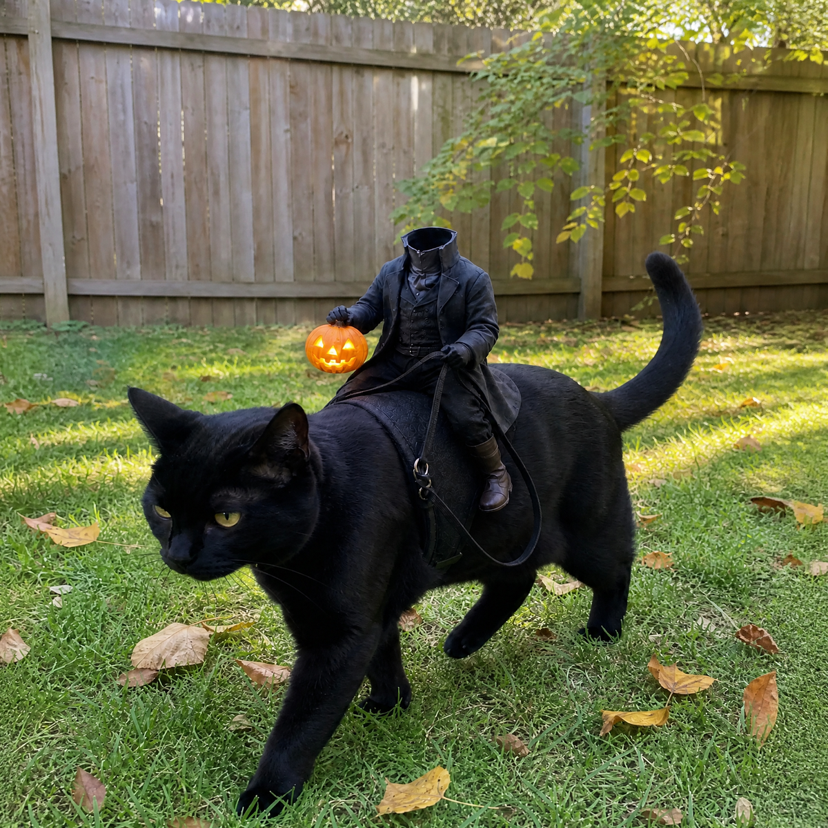 🎃 Early Halloween Sale — 50% Off | 🐈‍⬛ Headless Horseman Cat Costume – Funny Halloween Rider Outfit