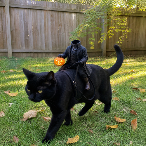 🎃 Early Halloween Sale — 50% Off | 🐈‍⬛ Headless Horseman Cat Costume – Funny Halloween Rider Outfit