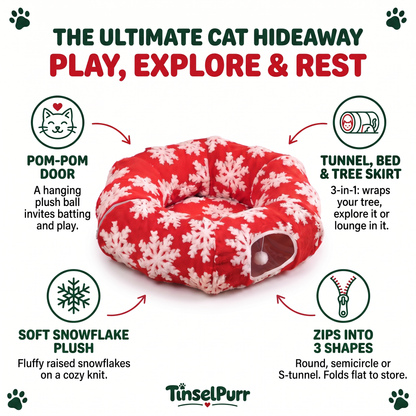 🎄 Christmas Tree Cat Tunnel Bed – 3-in-1 Cozy Hideaway, Play Tunnel & Tree Skirt