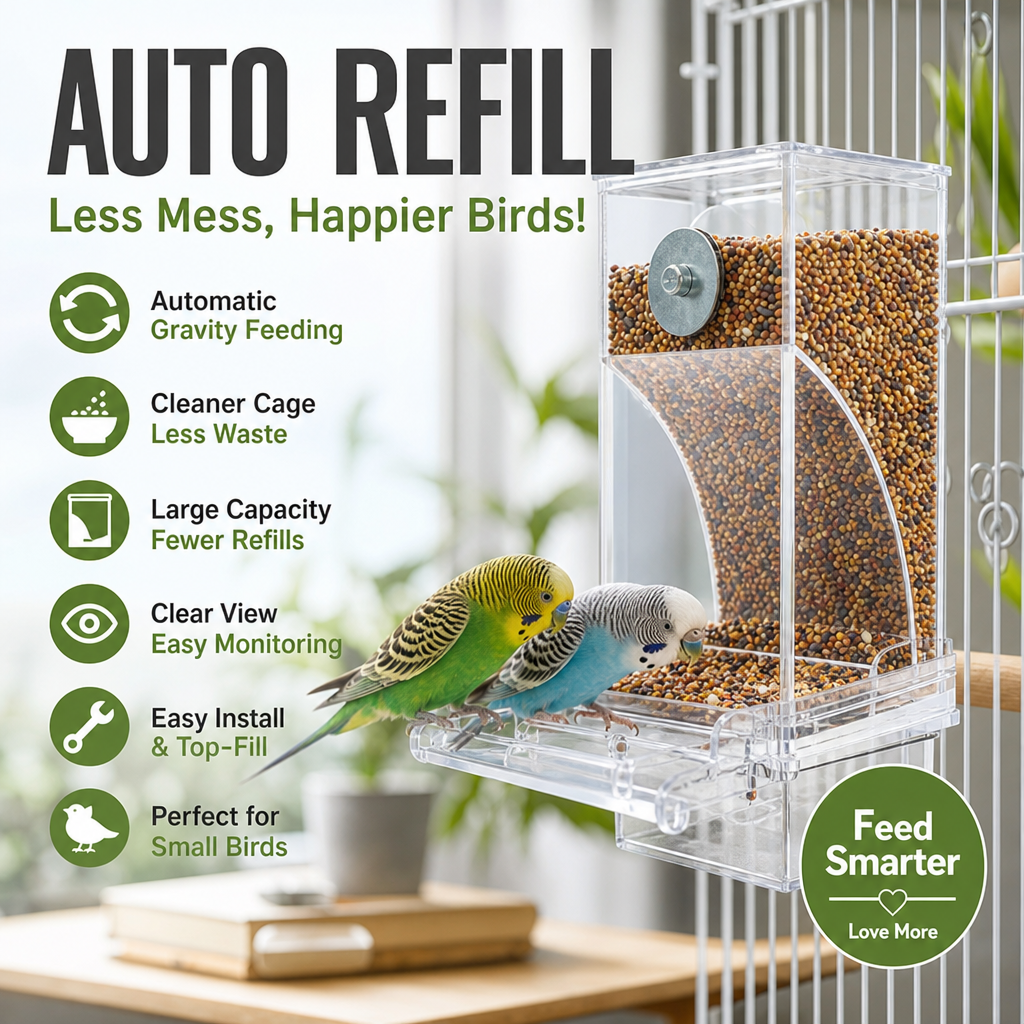 🐦 No-Mess Automatic Bird Feeder - Gravity Seed Dispenser for Cage 🌾