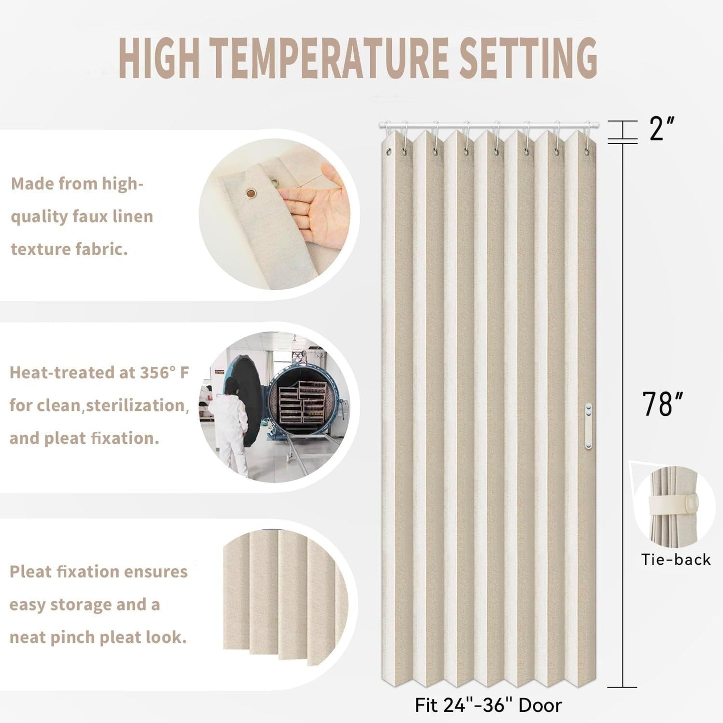 🚪 No-Drill Pleated Accordion Door Curtain with Tension Rod
