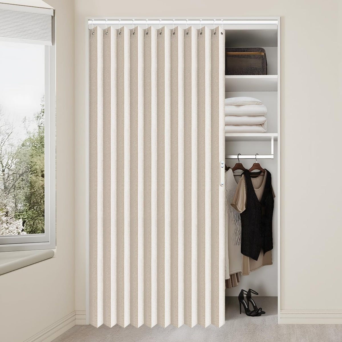 🚪 No-Drill Pleated Accordion Door Curtain with Tension Rod