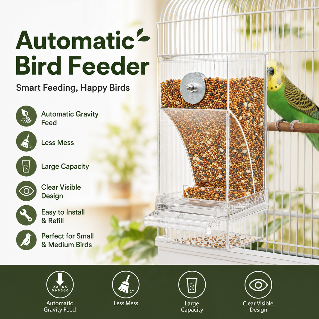 🐦 No-Mess Automatic Bird Feeder - Gravity Seed Dispenser for Cage 🌾