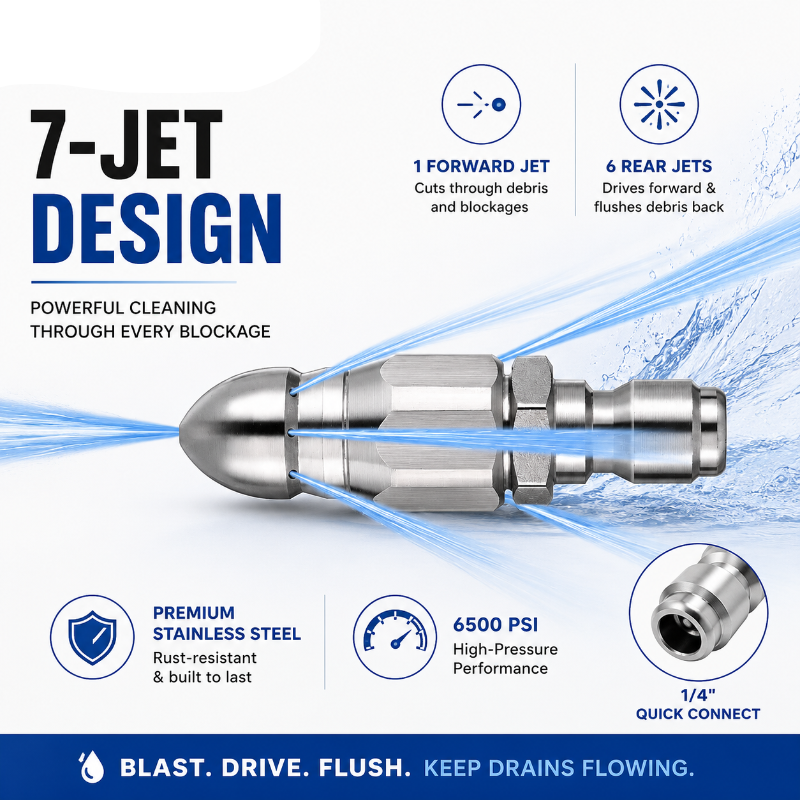🔥 49% OFF 7-Jet Sewer Jetter Nozzle – 6500 PSI Drain Cleaning Tool