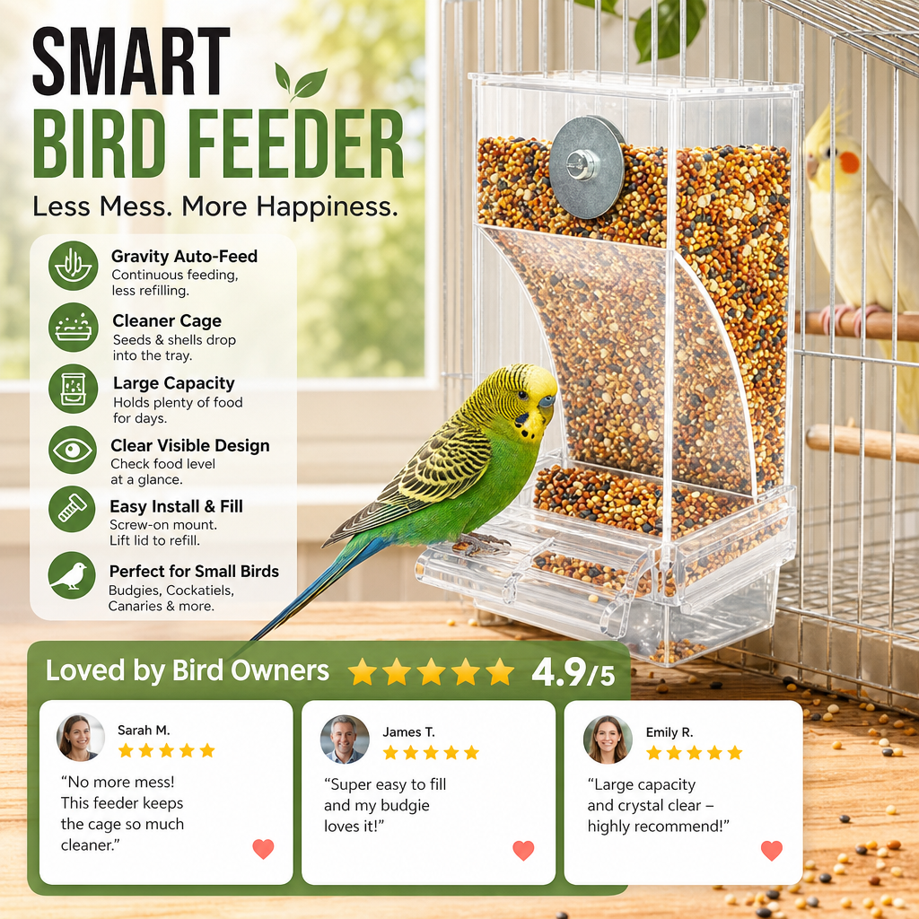 🐦 No-Mess Automatic Bird Feeder - Gravity Seed Dispenser for Cage 🌾