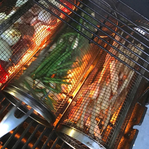 🔥 Rolling Grill Basket 360° Rotating BBQ Mesh Cylinder 🥩