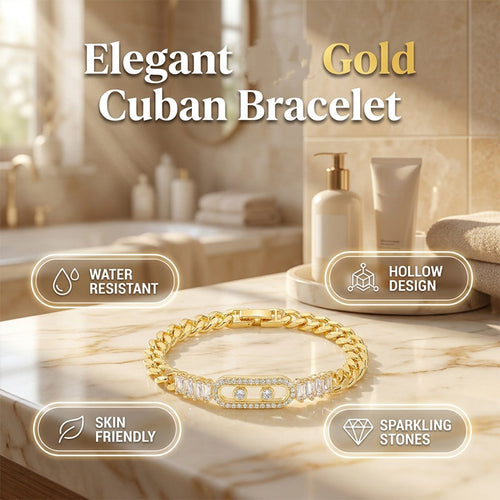 ✨ Gold-Tone Cubic Zirconia Cuban Link Bracelet - Hollow Tag Design 💫