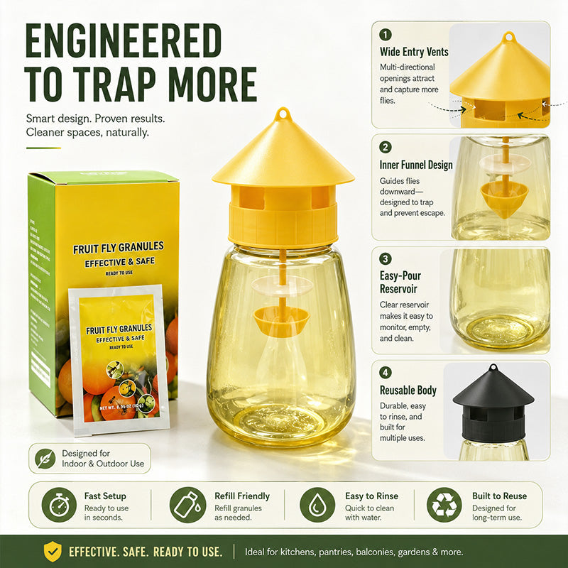 🪰 Indoor & Outdoor Fly Trap – Help Reduce Flies Around Kitchens, Patios & Yards 🌿Send one vial of yellow fruit fly spray