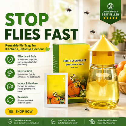 🪰 Indoor & Outdoor Fly Trap – Help Reduce Flies Around Kitchens, Patios & Yards 🌿Send one vial of yellow fruit fly spray
