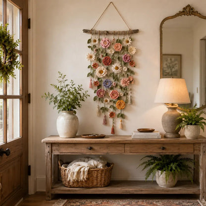 🌿 Handmade Boho Crochet Floral Wall Hanging - Cozy Cottagecore Decor 🌸