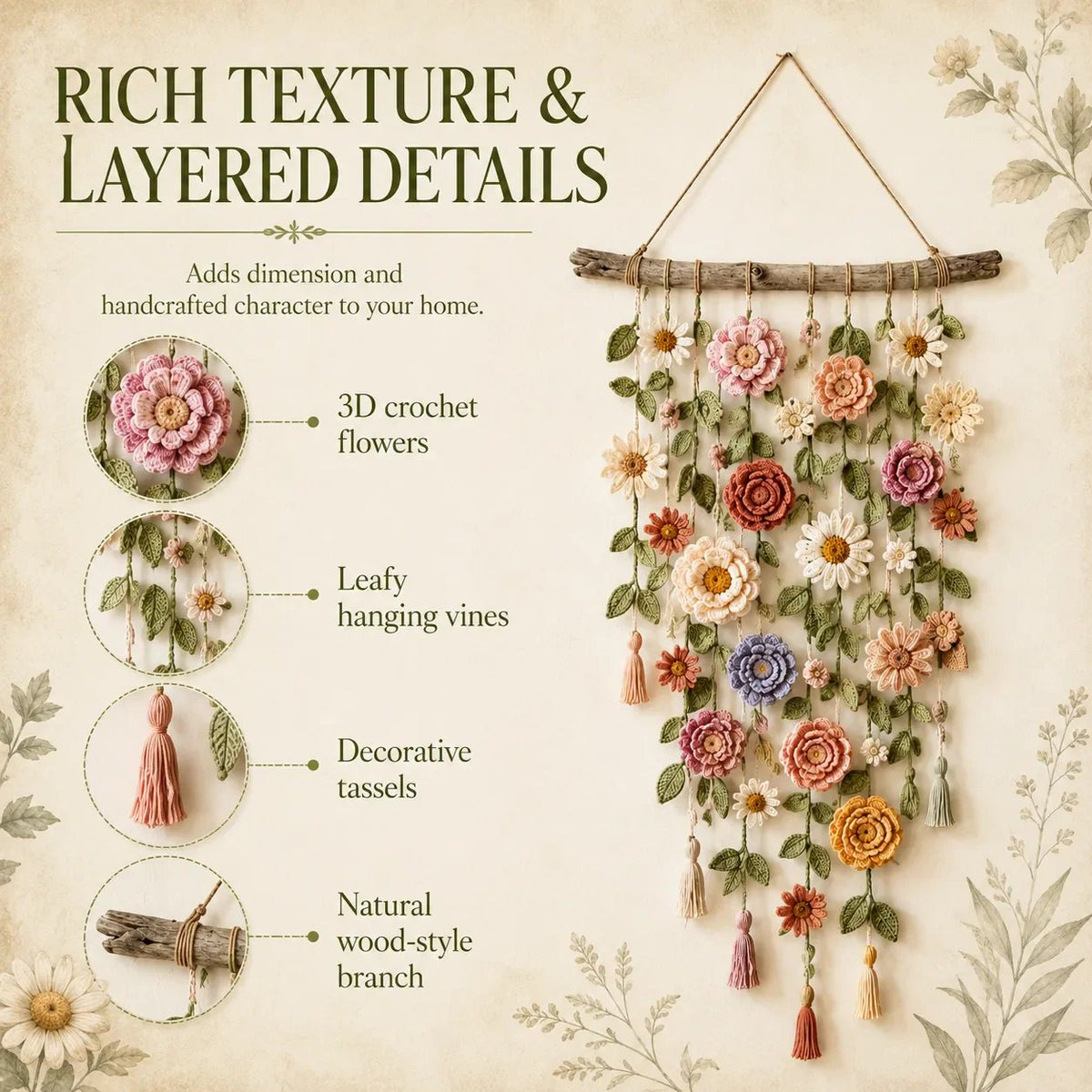 🌿 Handmade Boho Crochet Floral Wall Hanging - Cozy Cottagecore Decor 🌸