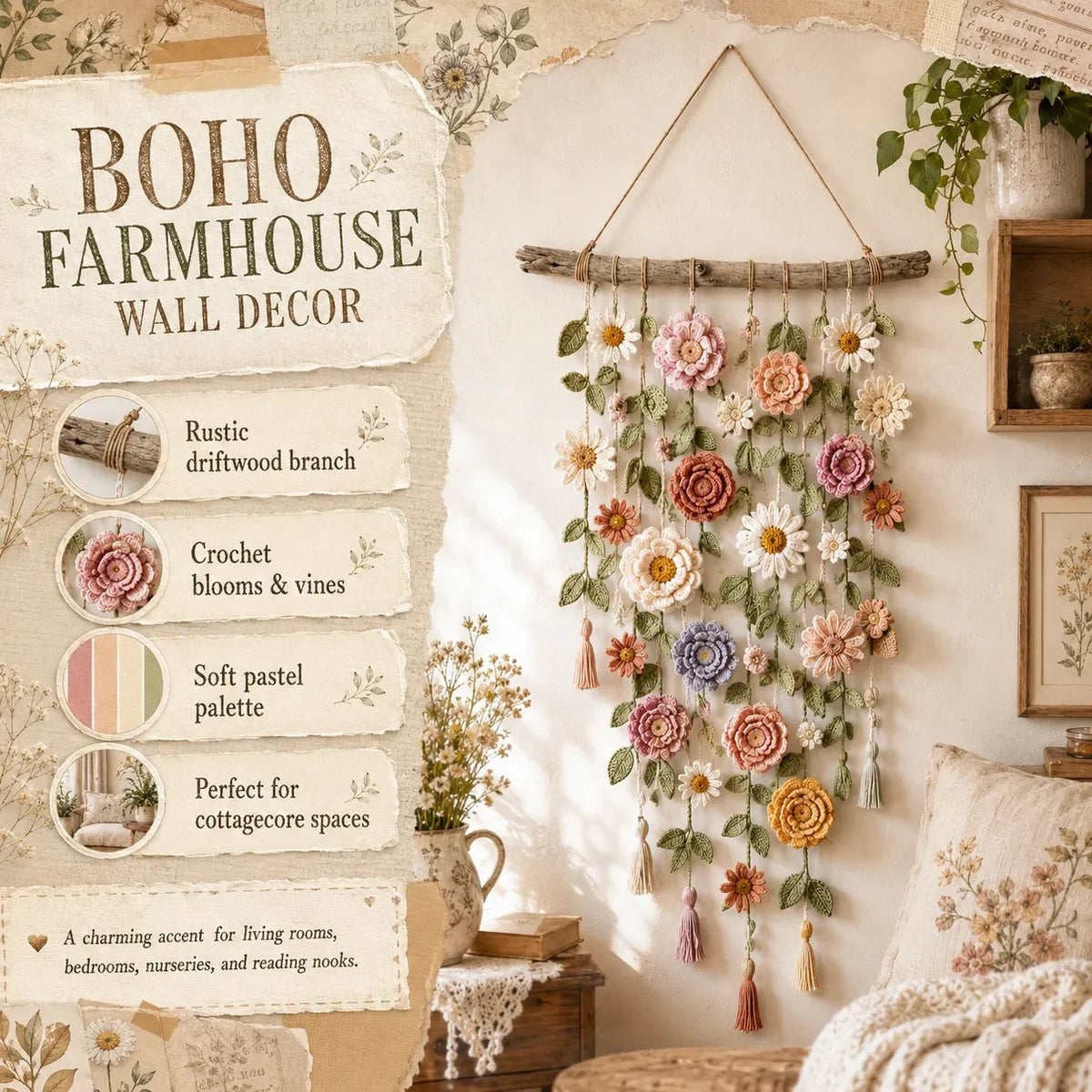 🌿 Handmade Boho Crochet Floral Wall Hanging - Cozy Cottagecore Decor 🌸