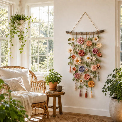 🌿 Handmade Boho Crochet Floral Wall Hanging - Cozy Cottagecore Decor 🌸
