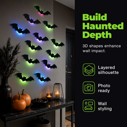 🦇 Halloween Glow Bat Wall Decals – 3D Haunted Party Decor Set