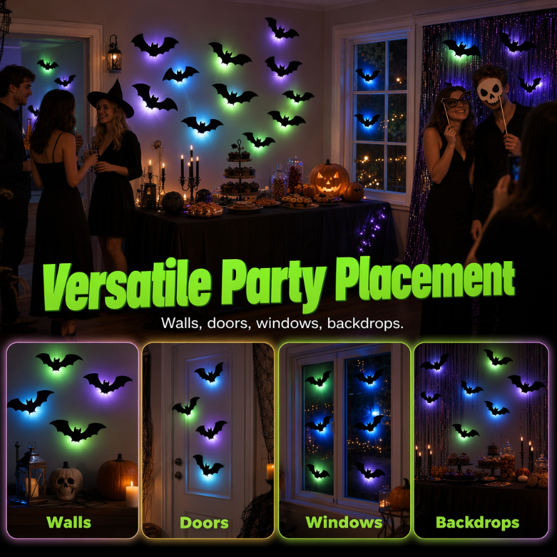 🦇 Halloween Glow Bat Wall Decals – 3D Haunted Party Decor Set