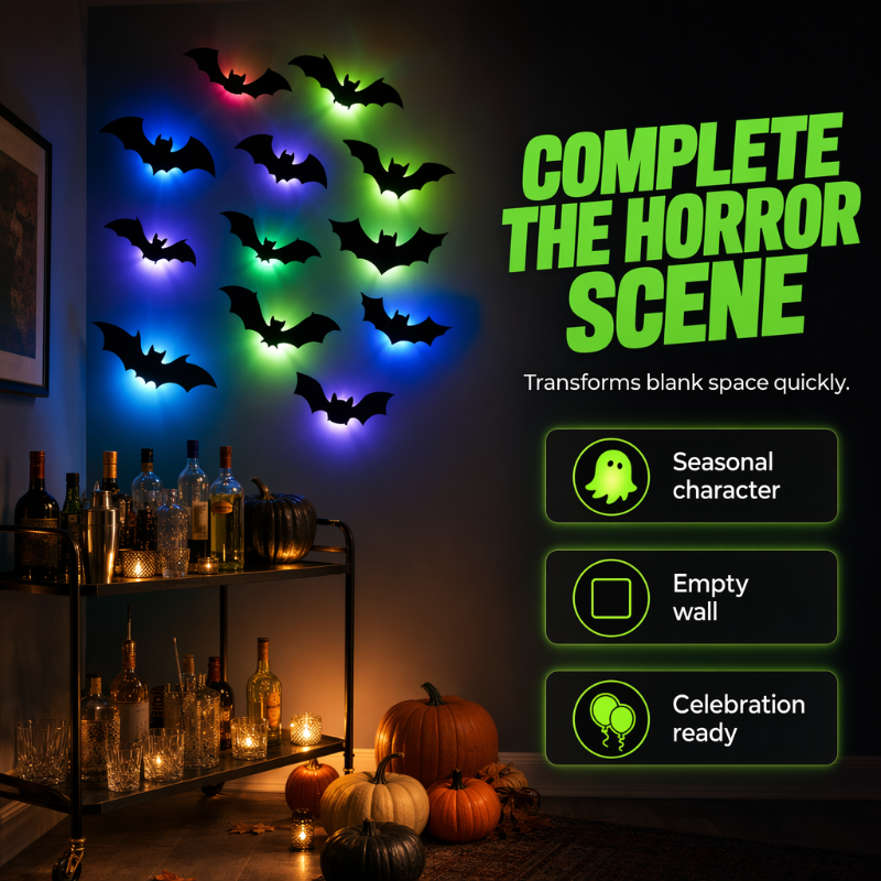 🦇 Halloween Glow Bat Wall Decals – 3D Haunted Party Decor Set