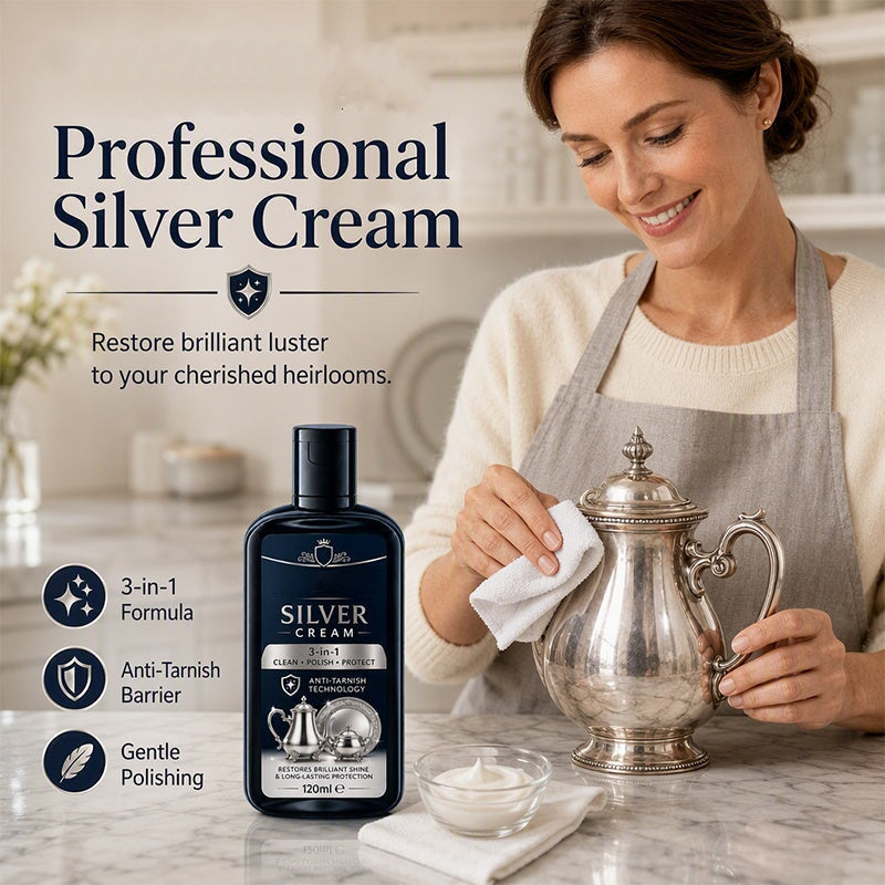 ✨ 3-in-1 Silver Cleaning & Polishing Cream – Tarnish Remover with Sponge 🥄
