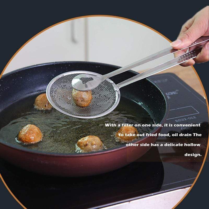 🍳 2-in-1 Stainless Steel Strainer Tongs - High Heat Deep Fry Filter Tongs 🍟