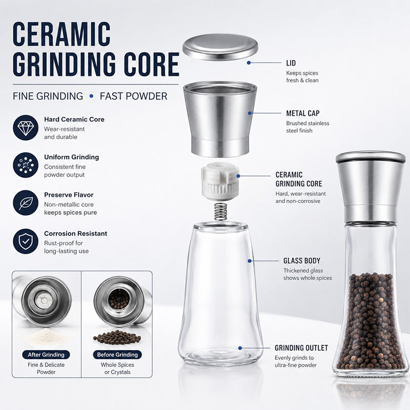 🧂 Manual Salt & Pepper Grinder – Ceramic Core Glass Mill ✨