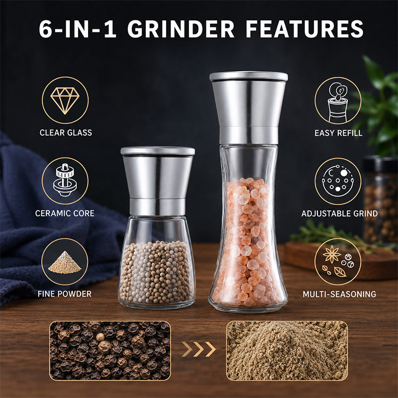 🧂 Manual Salt & Pepper Grinder – Ceramic Core Glass Mill ✨